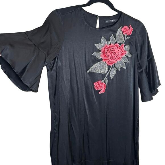Zara Women’s Rose Embroidered Satin Knee Length Dress Black Size Small - Picture 4 of 9
